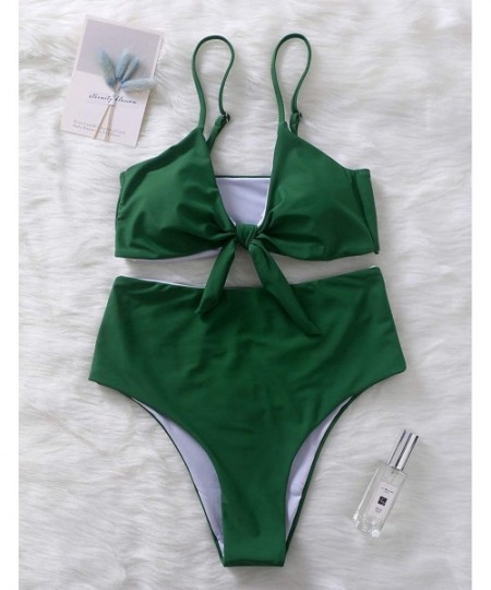 Sets Bikini Swimwear Womens High Waisted Two Piece Swimsuit Tie Knot High Cut Bathing Suit for Women - Green - C618OYYME2H