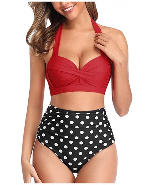 Sets Women's Vintage High Waisted Bikini Sets Solid Color Polka Dot Print Two Pieces Swimsuits Bathing Suits Swimwear 2 red -...