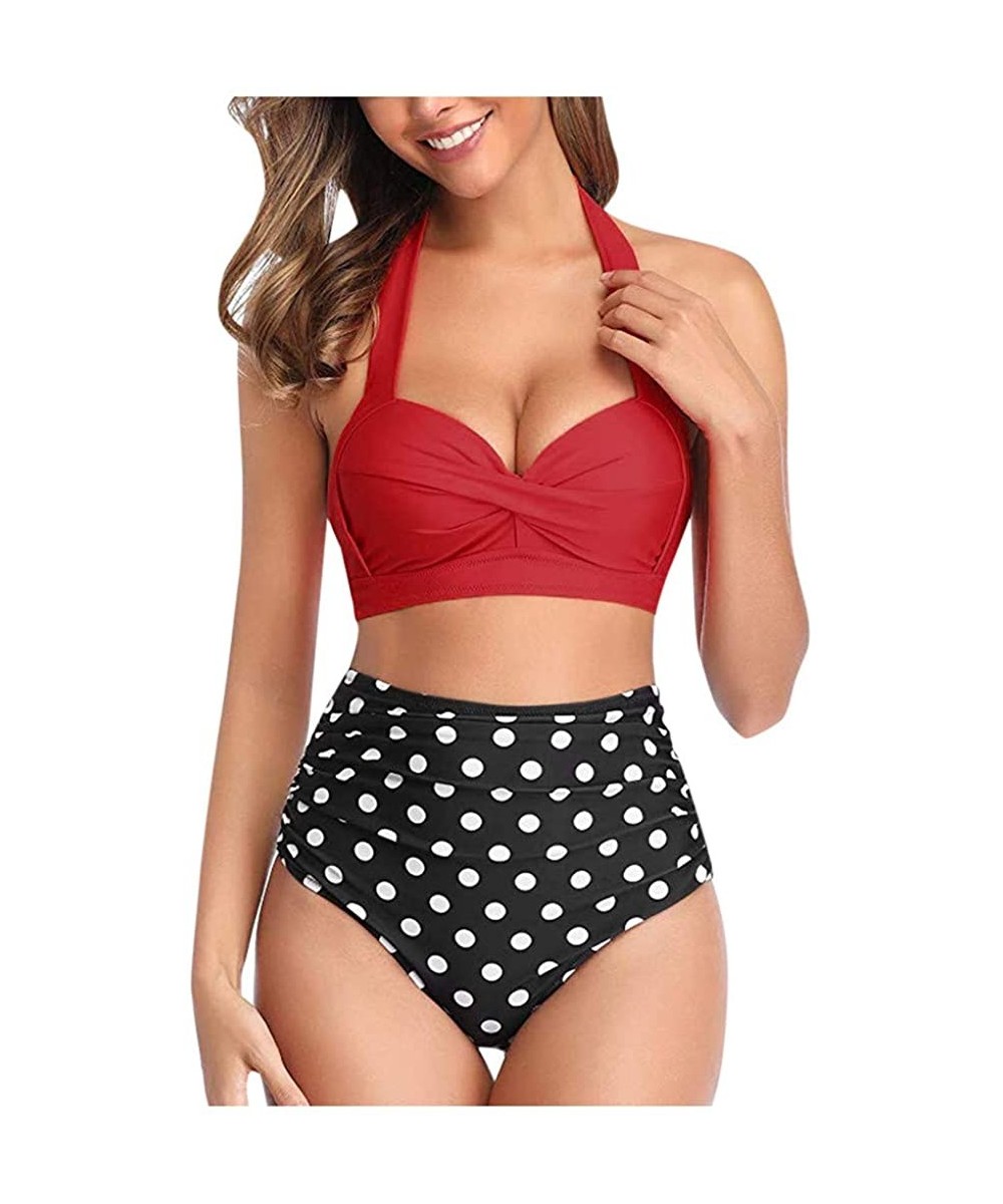 Sets Women's Vintage High Waisted Bikini Sets Solid Color Polka Dot Print Two Pieces Swimsuits Bathing Suits Swimwear 2 red -...