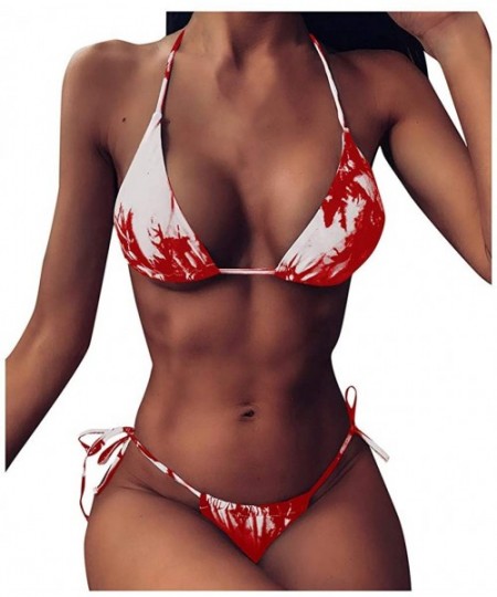 Sets Women's Sexy Tie-Dye Lace Up High Cut Leg Halter Bikini Set Two Piece Split Swimsuit - Red - CR199Y2S5EG