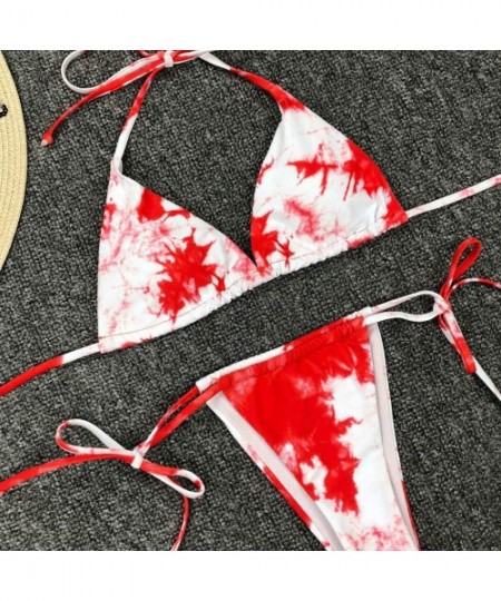 Sets Women's Sexy Tie-Dye Lace Up High Cut Leg Halter Bikini Set Two Piece Split Swimsuit - Red - CR199Y2S5EG