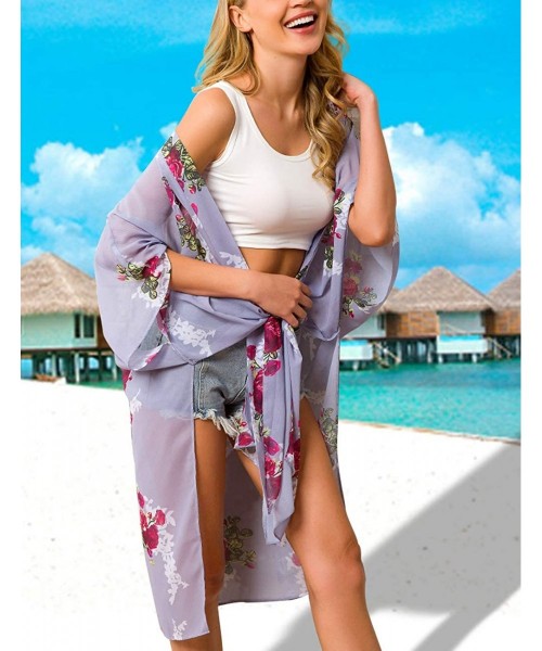 Cover-Ups Women's Beach Cover Up Floral Print Chiffon Swimwear Kimono Swimsuit Long Cardigan - Color 6 - CJ18U5O7O8O