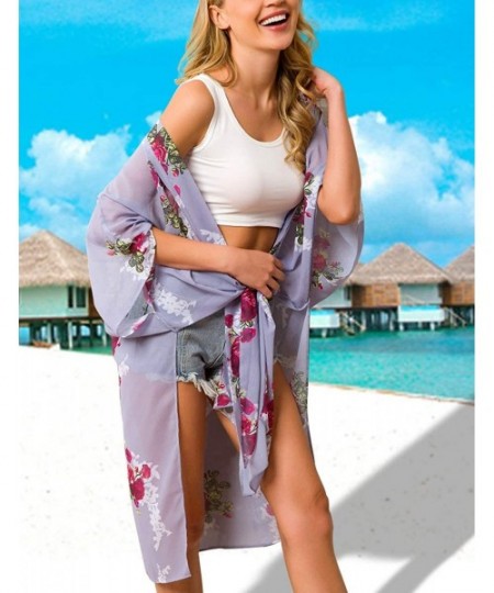 Cover-Ups Women's Beach Cover Up Floral Print Chiffon Swimwear Kimono Swimsuit Long Cardigan - Color 6 - CJ18U5O7O8O