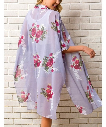 Cover-Ups Women's Beach Cover Up Floral Print Chiffon Swimwear Kimono Swimsuit Long Cardigan - Color 6 - CJ18U5O7O8O