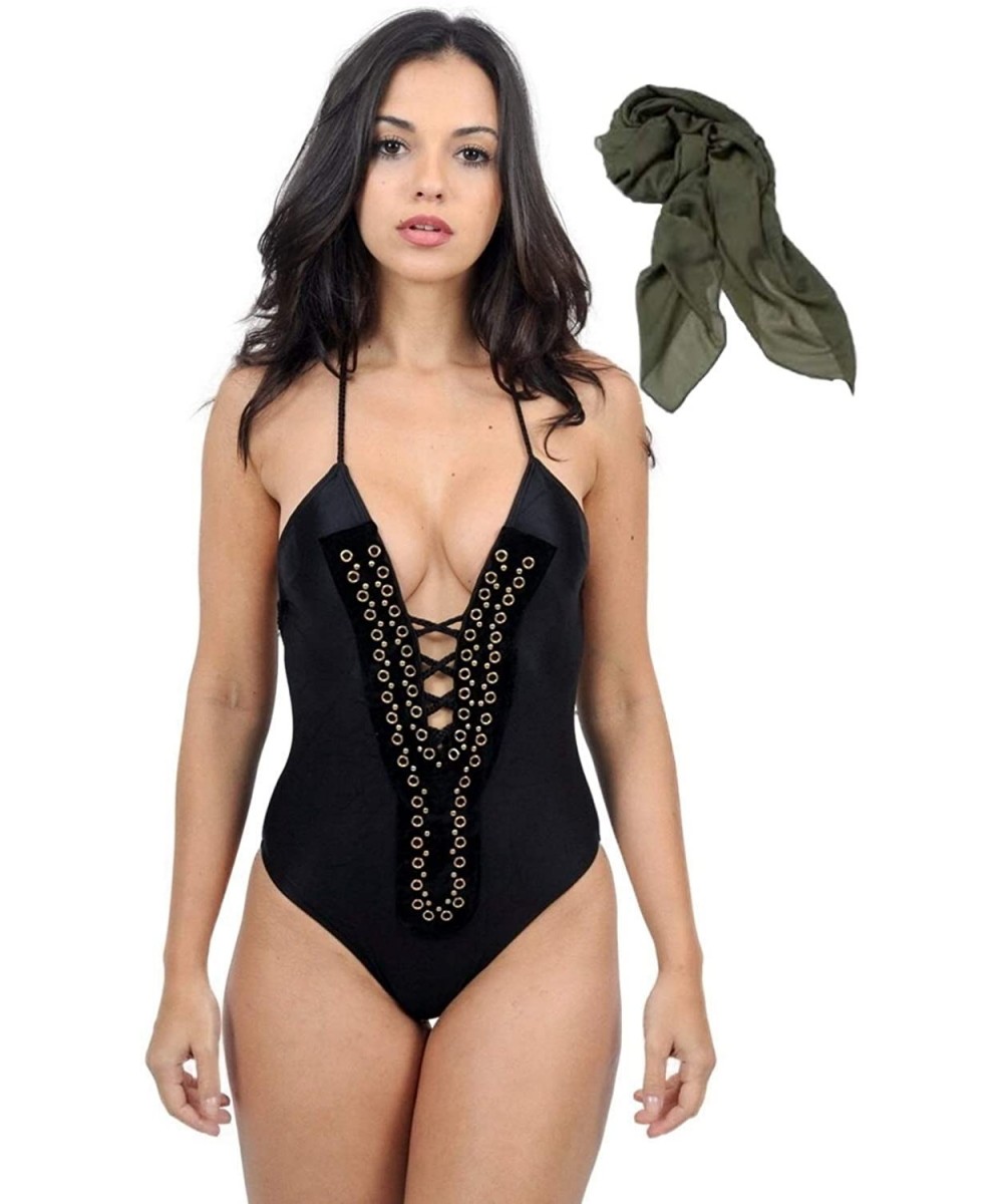 One-Pieces One Piece Bathing Suit for Women with Eyelets Detail Front and Dark Green Sarong of Gift - C918ZG2X367