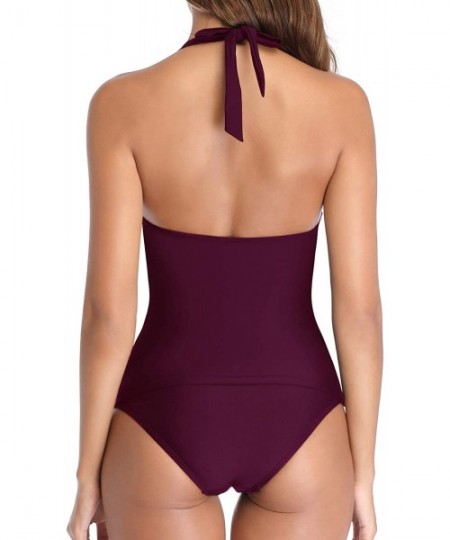 Sets Women Two Piece Swimsuit Sexy Deep V Neck Halter Ruched Tummy Control Tankini Sets - Purple - CR18UDAIT7C