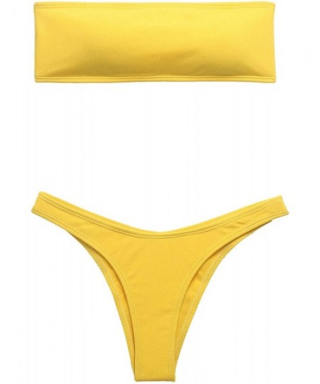 Sets Women Swim Set Strapless Ribbed High Cut Bandeau Bikini Set - Yellow - CW18O2CYRAU