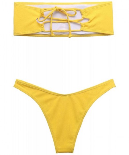 Sets Women Swim Set Strapless Ribbed High Cut Bandeau Bikini Set - Yellow - CW18O2CYRAU