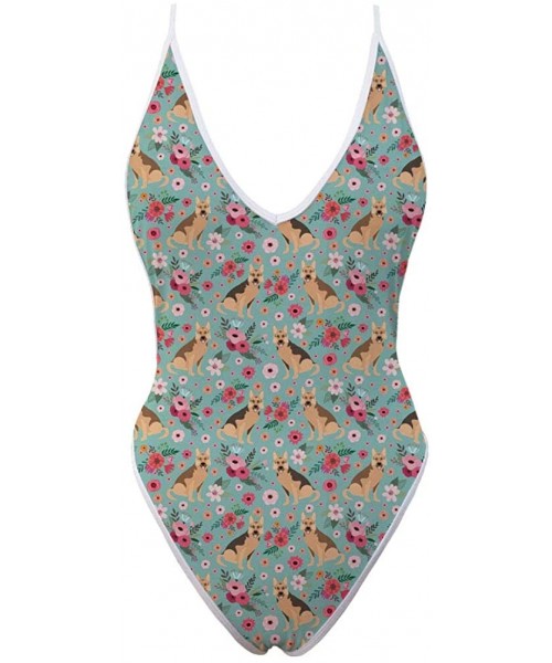 One-Pieces Women's Plunging Deep V Neck Swimwear Puppies Flowers Print Sleeveless All in One Bathing Suit Beach Swimwear Dog2...