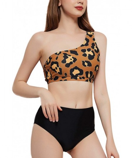 Sets Women Leopard One Shoulder Swimsuits High Waist Bikini Set 2 Pieces Push Up Bathing Suits - Leopard - CX199UKCD39