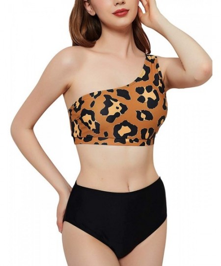 Sets Women Leopard One Shoulder Swimsuits High Waist Bikini Set 2 Pieces Push Up Bathing Suits - Leopard - CX199UKCD39