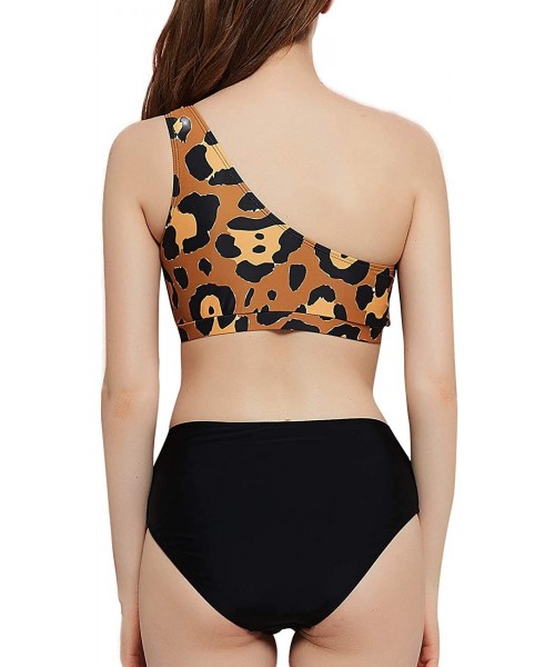 Sets Women Leopard One Shoulder Swimsuits High Waist Bikini Set 2 Pieces Push Up Bathing Suits - Leopard - CX199UKCD39