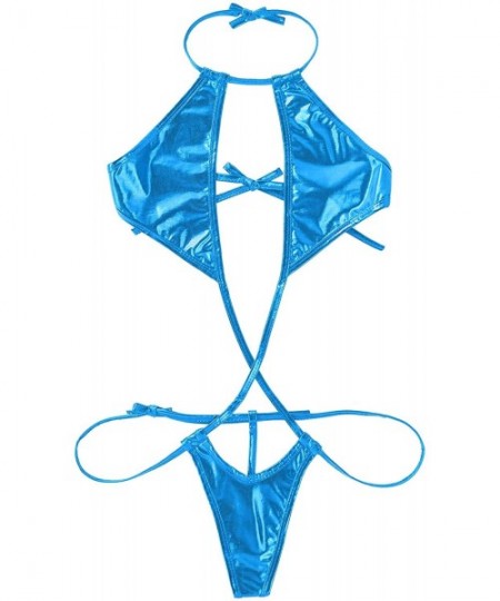 Racing Women's Shiny Metallic PVC Bikini Monokini Halter Neck Slingshot Teddy Leotard Bodysuit Swimwear Pajamas Lake Blue - C...