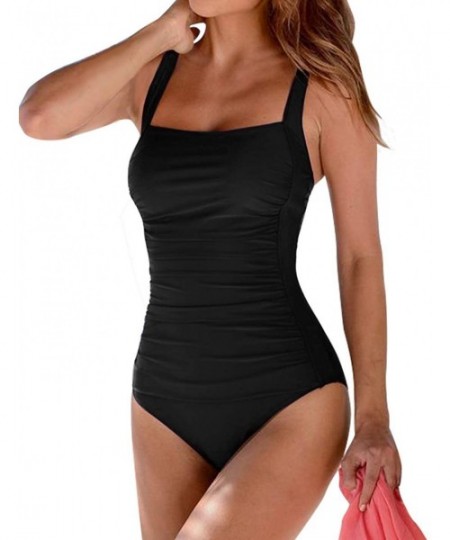 One-Pieces Women's Vintage Padded Push up One Piece Swimsuits Tummy Control Bathing Suits Plus Size Swimwear - Black - CQ18GG...