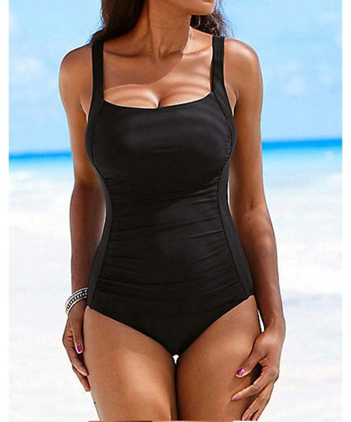 One-Pieces Women's Vintage Padded Push up One Piece Swimsuits Tummy Control Bathing Suits Plus Size Swimwear - Black - CQ18GG...