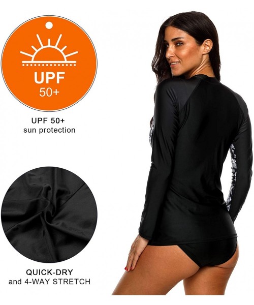 Rash Guards Women's Rashguard Swimsuit Zip Front Sun Protection Swim Shirt UPF 50+ - Floral Black - CE18EHD74K7