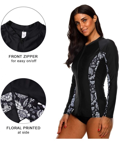 Rash Guards Women's Rashguard Swimsuit Zip Front Sun Protection Swim Shirt UPF 50+ - Floral Black - CE18EHD74K7