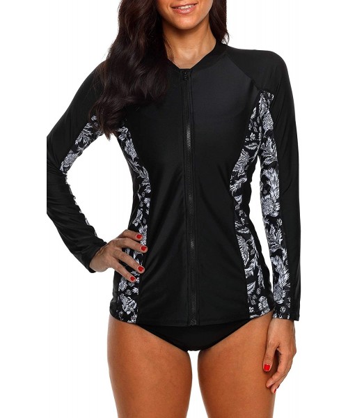 Rash Guards Women's Rashguard Swimsuit Zip Front Sun Protection Swim Shirt UPF 50+ - Floral Black - CE18EHD74K7