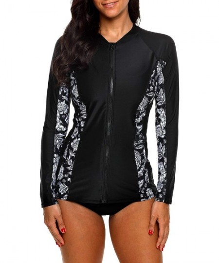 Rash Guards Women's Rashguard Swimsuit Zip Front Sun Protection Swim Shirt UPF 50+ - Floral Black - CE18EHD74K7