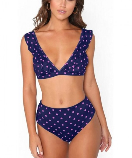 Sets Women's Retro Polka Dot Ruffle High Waisted SwimsuitsTankinis - Navy Blue - CG18LT4IXM6