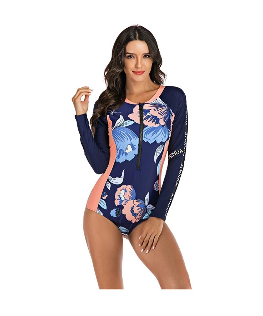 Rash Guards Women's One Piece Wetsuit Long Sleeve Zipper Up Swimsuit UV Protection Surfing Diving Swimwear - 03 Navy Floral -...