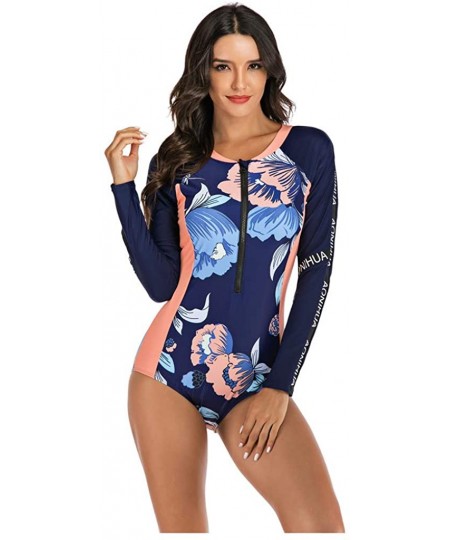 Rash Guards Women's One Piece Wetsuit Long Sleeve Zipper Up Swimsuit UV Protection Surfing Diving Swimwear - 03 Navy Floral -...