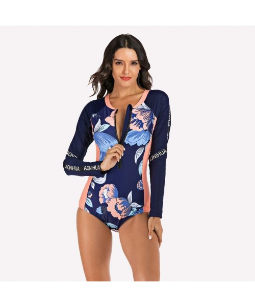 Rash Guards Women's One Piece Wetsuit Long Sleeve Zipper Up Swimsuit UV Protection Surfing Diving Swimwear - 03 Navy Floral -...