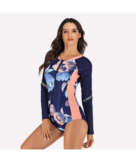 Rash Guards Women's One Piece Wetsuit Long Sleeve Zipper Up Swimsuit UV Protection Surfing Diving Swimwear - 03 Navy Floral -...