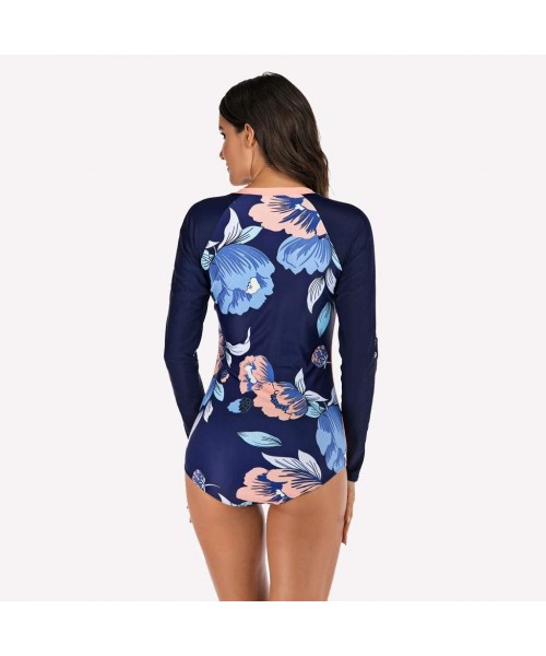 Rash Guards Women's One Piece Wetsuit Long Sleeve Zipper Up Swimsuit UV Protection Surfing Diving Swimwear - 03 Navy Floral -...