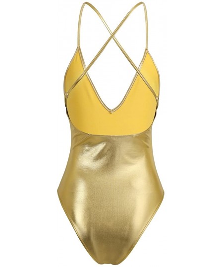 One-Pieces Womens Shiny Metallic PVC Leather Deep V Camisole Bodysuit One Piece Swimsuit Bathing Suit - Gold - C218RHTTMI8