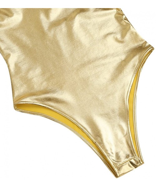 One-Pieces Womens Shiny Metallic PVC Leather Deep V Camisole Bodysuit One Piece Swimsuit Bathing Suit - Gold - C218RHTTMI8