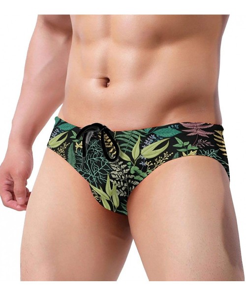 Briefs Men's Sexy Hot Fashion Printing Low Rise Briefs Bikini Swimwear Swimsuit with Drawstring - Black Leaf Spring Leafy Gre...