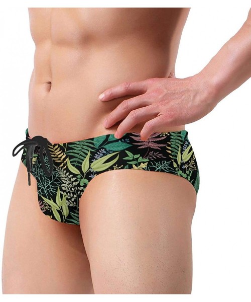 Briefs Men's Sexy Hot Fashion Printing Low Rise Briefs Bikini Swimwear Swimsuit with Drawstring - Black Leaf Spring Leafy Gre...