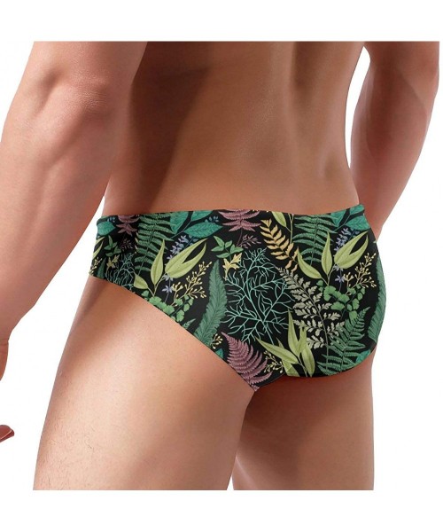 Briefs Men's Sexy Hot Fashion Printing Low Rise Briefs Bikini Swimwear Swimsuit with Drawstring - Black Leaf Spring Leafy Gre...