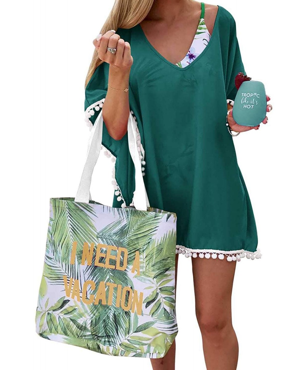 Cover-Ups Women's Chiffon Pom Pom Kaftan Swimsuit Beach Cover Up - 02-blackish Green - C6190RGZQDZ