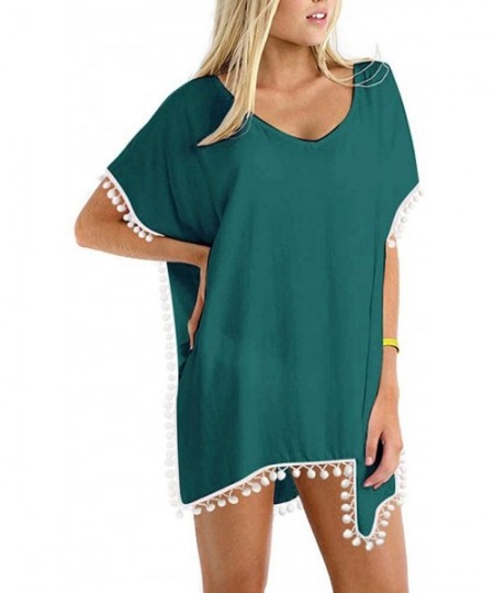 Cover-Ups Women's Chiffon Pom Pom Kaftan Swimsuit Beach Cover Up - 02-blackish Green - C6190RGZQDZ