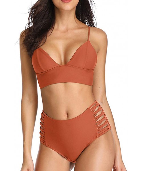 Sets Women's Swimwear Two Pieces Lace Up Back Longline Triangle Bikini Top High Waist Tie Strappy Sides Bottom - Rust - CJ18E...