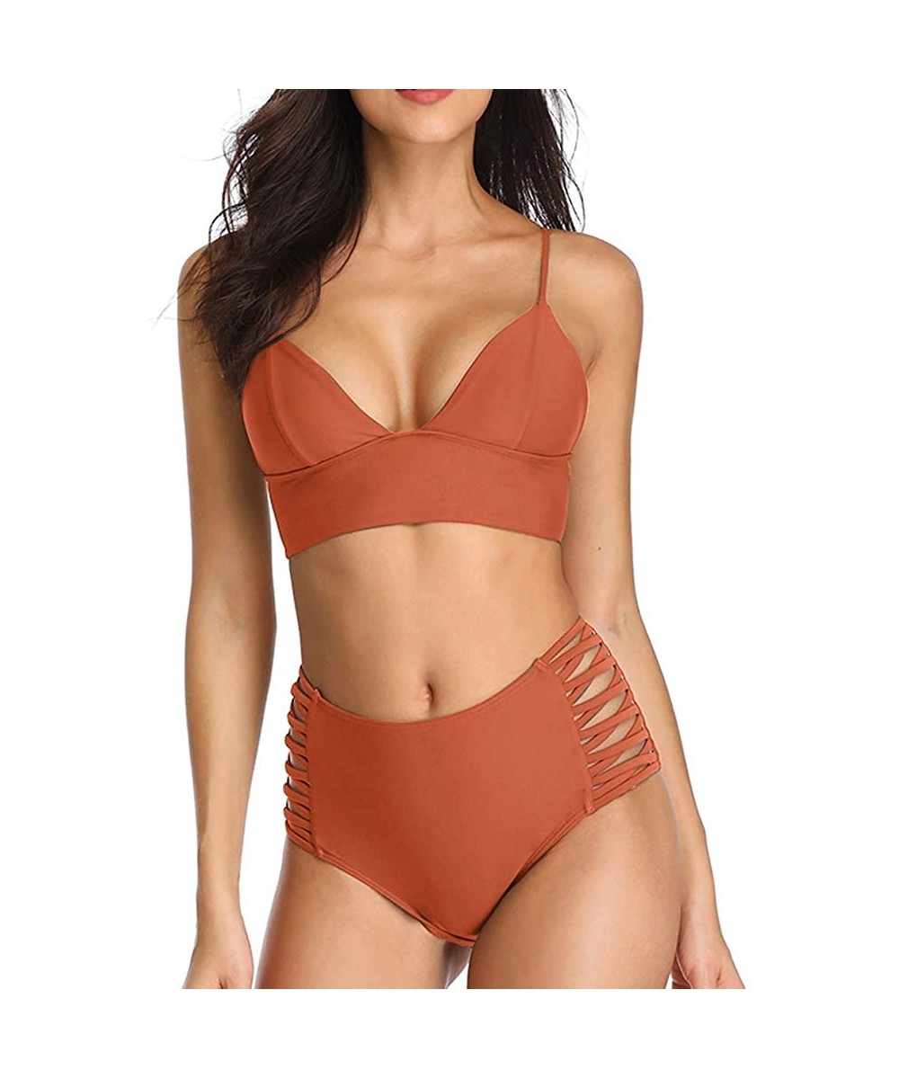 Sets Women's Swimwear Two Pieces Lace Up Back Longline Triangle Bikini Top High Waist Tie Strappy Sides Bottom - Rust - CJ18E...