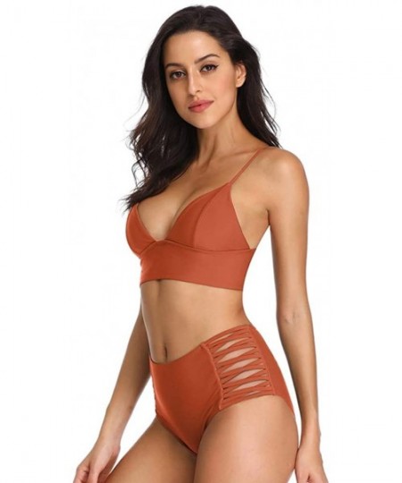 Sets Women's Swimwear Two Pieces Lace Up Back Longline Triangle Bikini Top High Waist Tie Strappy Sides Bottom - Rust - CJ18E...