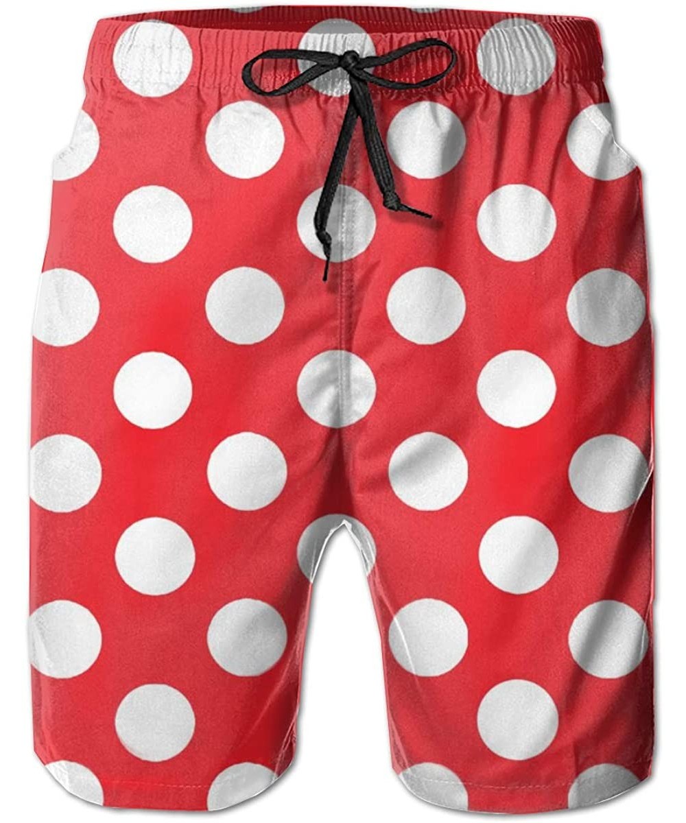 Board Shorts Mens Red and White Polka Dot Quick Dry Short Swim Trunks- Slim Fit Surf Beach Shorts with Pockets for Mens - CS1...