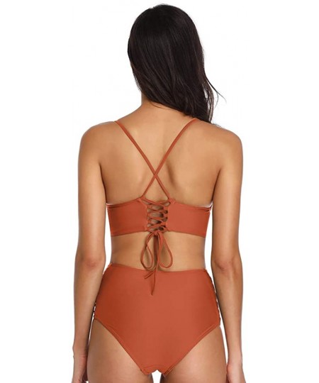 Sets Women's Swimwear Two Pieces Lace Up Back Longline Triangle Bikini Top High Waist Tie Strappy Sides Bottom - Rust - CJ18E...