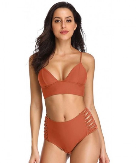 Sets Women's Swimwear Two Pieces Lace Up Back Longline Triangle Bikini Top High Waist Tie Strappy Sides Bottom - Rust - CJ18E...