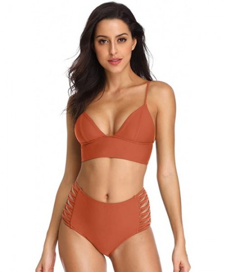 Sets Women's Swimwear Two Pieces Lace Up Back Longline Triangle Bikini Top High Waist Tie Strappy Sides Bottom - Rust - CJ18E...