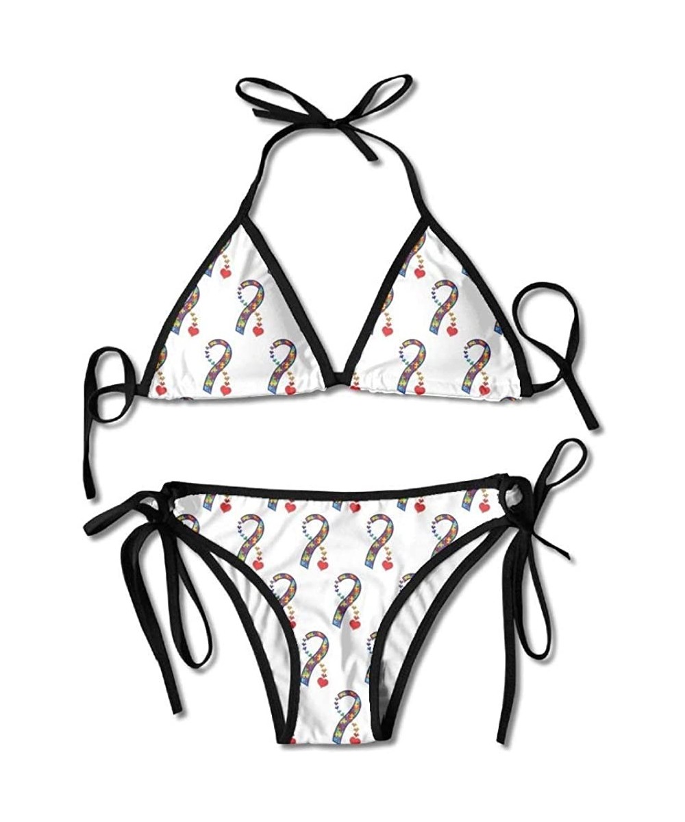 Sets Women's Two Pieces Bikini Set Swimsuit Bathing Suits Padded Top Side Bottom Tie Swimwear Heart Autism Awareness Ribbon -...