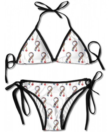 Sets Women's Two Pieces Bikini Set Swimsuit Bathing Suits Padded Top Side Bottom Tie Swimwear Heart Autism Awareness Ribbon -...