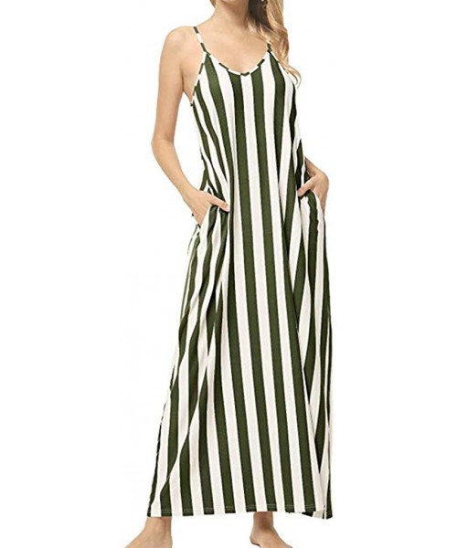 Bottoms Women's Chic Spaghetti Strap Loose Fit Maxi Dress Classic Striped Vacation Holiday Beach Sundress with Pockets Green ...