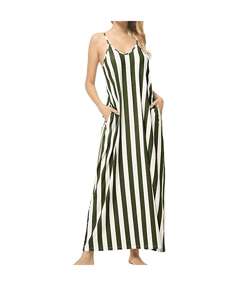 Bottoms Women's Chic Spaghetti Strap Loose Fit Maxi Dress Classic Striped Vacation Holiday Beach Sundress with Pockets Green ...