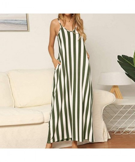 Bottoms Women's Chic Spaghetti Strap Loose Fit Maxi Dress Classic Striped Vacation Holiday Beach Sundress with Pockets Green ...