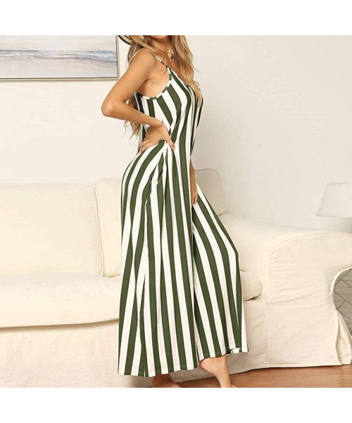 Bottoms Women's Chic Spaghetti Strap Loose Fit Maxi Dress Classic Striped Vacation Holiday Beach Sundress with Pockets Green ...