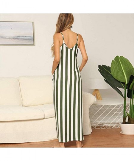 Bottoms Women's Chic Spaghetti Strap Loose Fit Maxi Dress Classic Striped Vacation Holiday Beach Sundress with Pockets Green ...